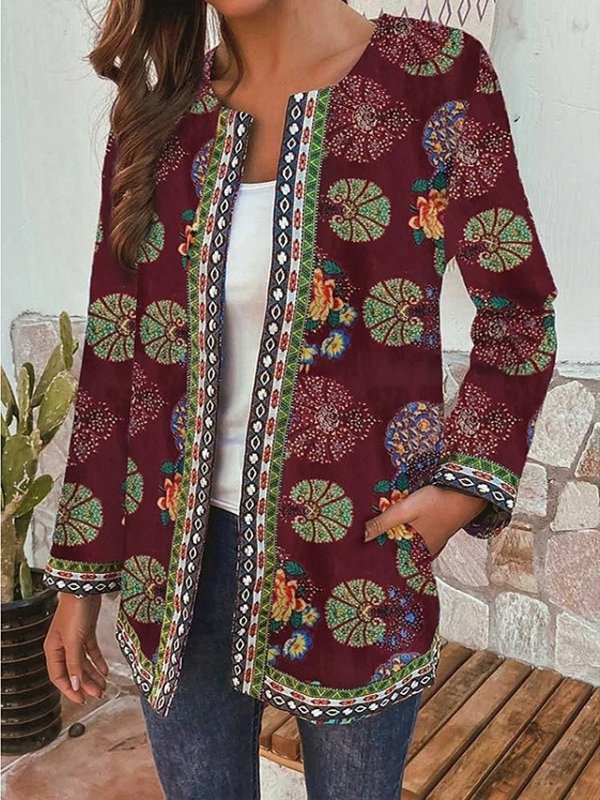 Women's Open Front Jacket Regular Plants Daily Basic Print Red / Holiday / Loose