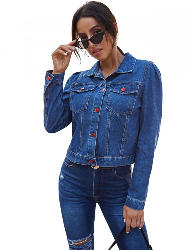 Women's Fall & Winter Single Breasted Denim Jacket Regular Solid Colored Going Out Blue