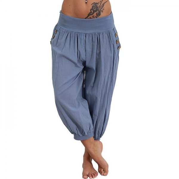 Women's Casual / Sporty Boho Comfort Lightweight Linen Loose Casual Leisure Sports Chinos Pants Plain Ankle-Length Pocket Blue A