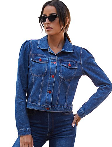 Women's Fall & Winter Single Breasted Denim Jacket Regular Solid Colored Going Out Blue