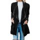 Long Sleeve Large Collar Draped Drape Front Shiny Metallic Velvet Longline Jacket Overcoat Duster Coat Top Black